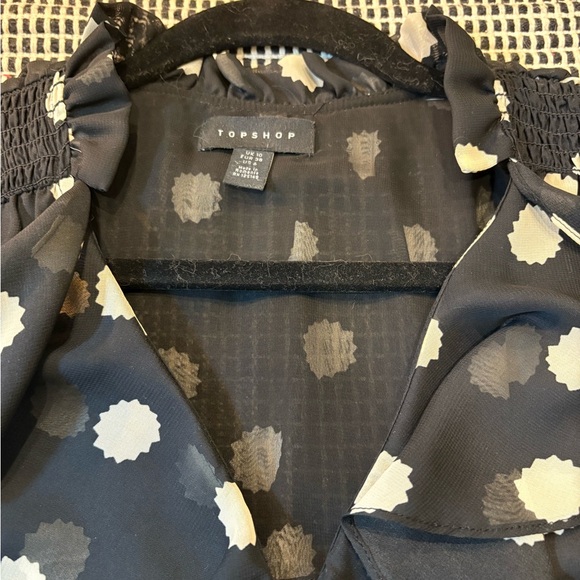 Black Sheer Polka Dot Flowy Long Sleeve Blouse, button front ruffle placket - Picture 5 of 9